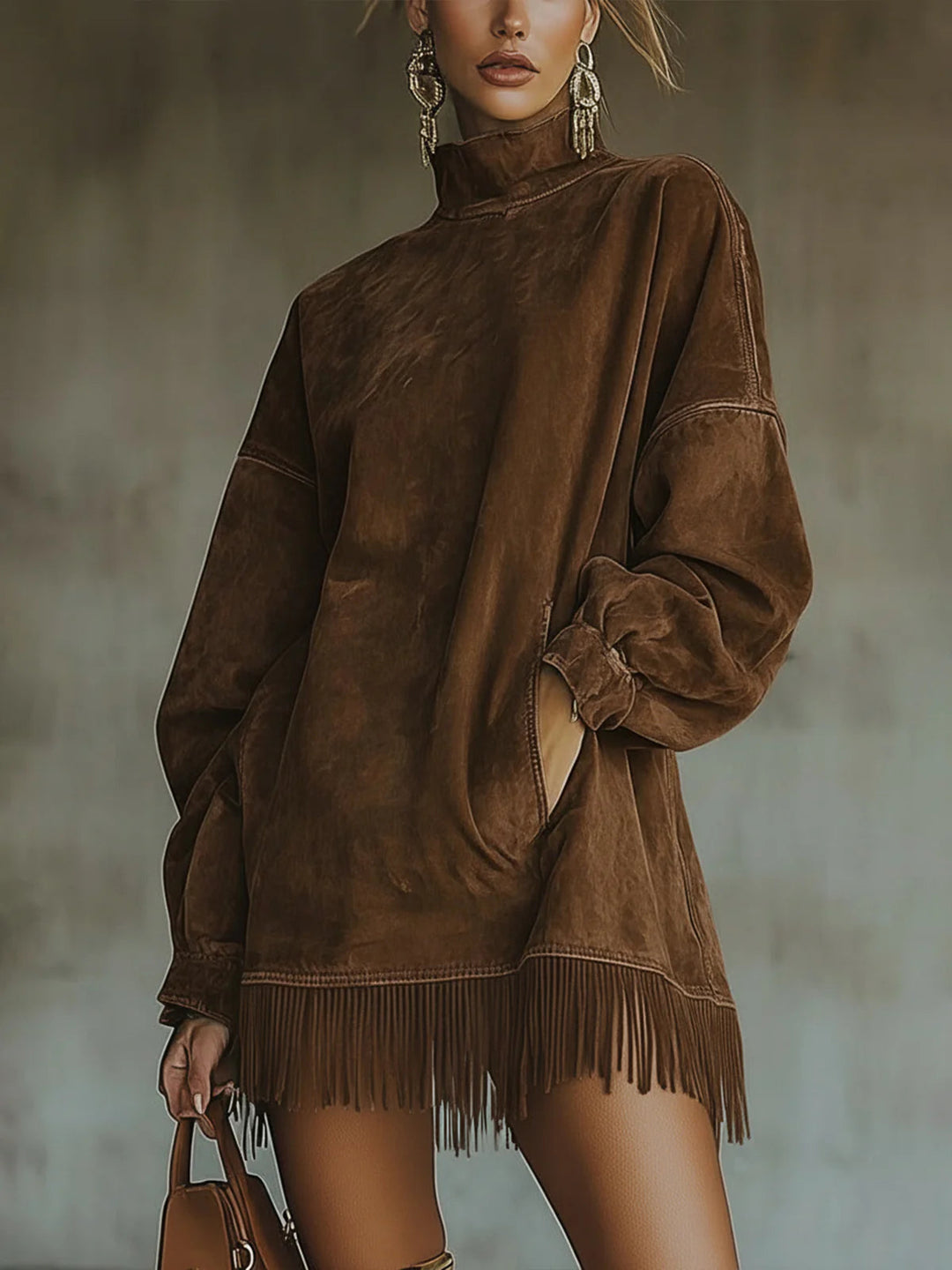 Mara | Vestito in camoscio con collo alto e frange