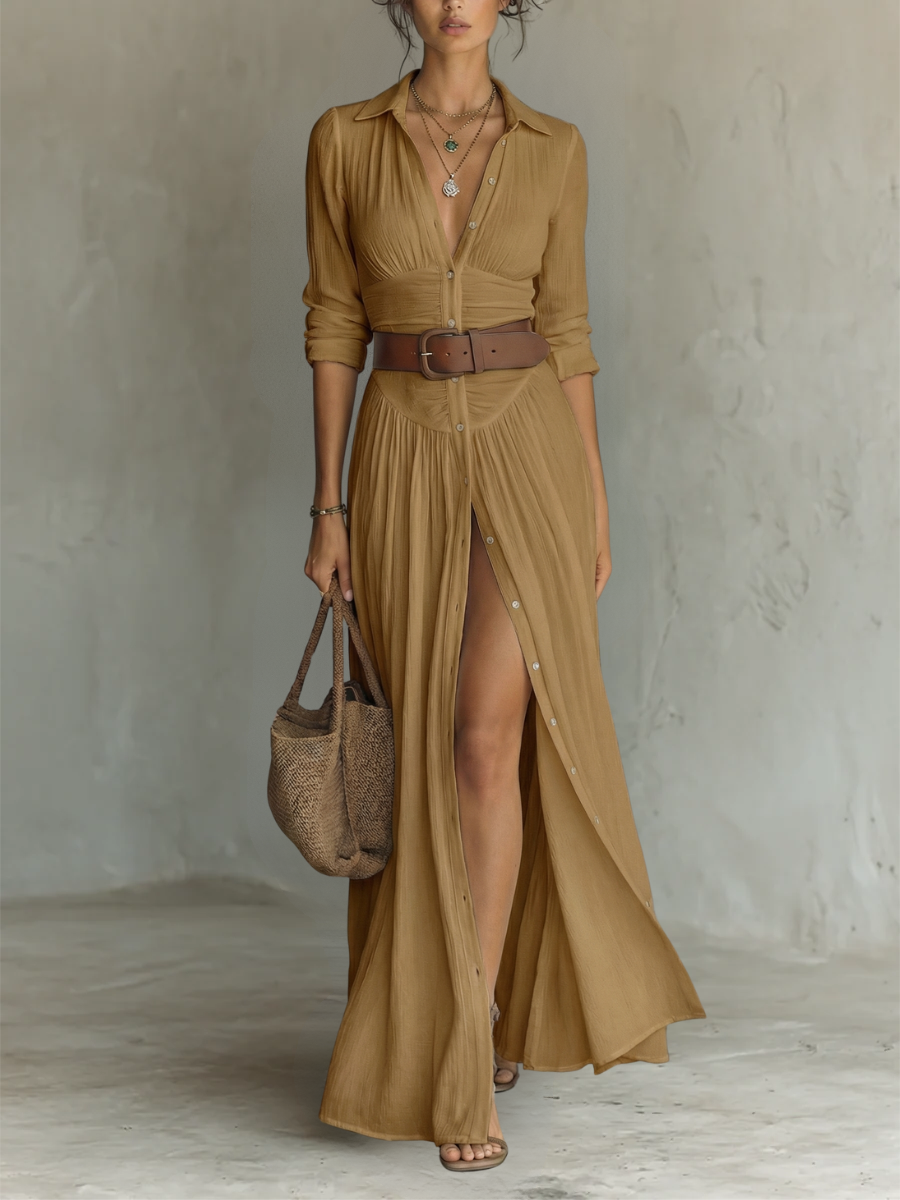 JESS | Abito maxi lungo leggero con collo a revers e maniche lunghe