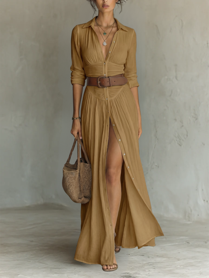 JESS | Abito maxi lungo leggero con collo a revers e maniche lunghe