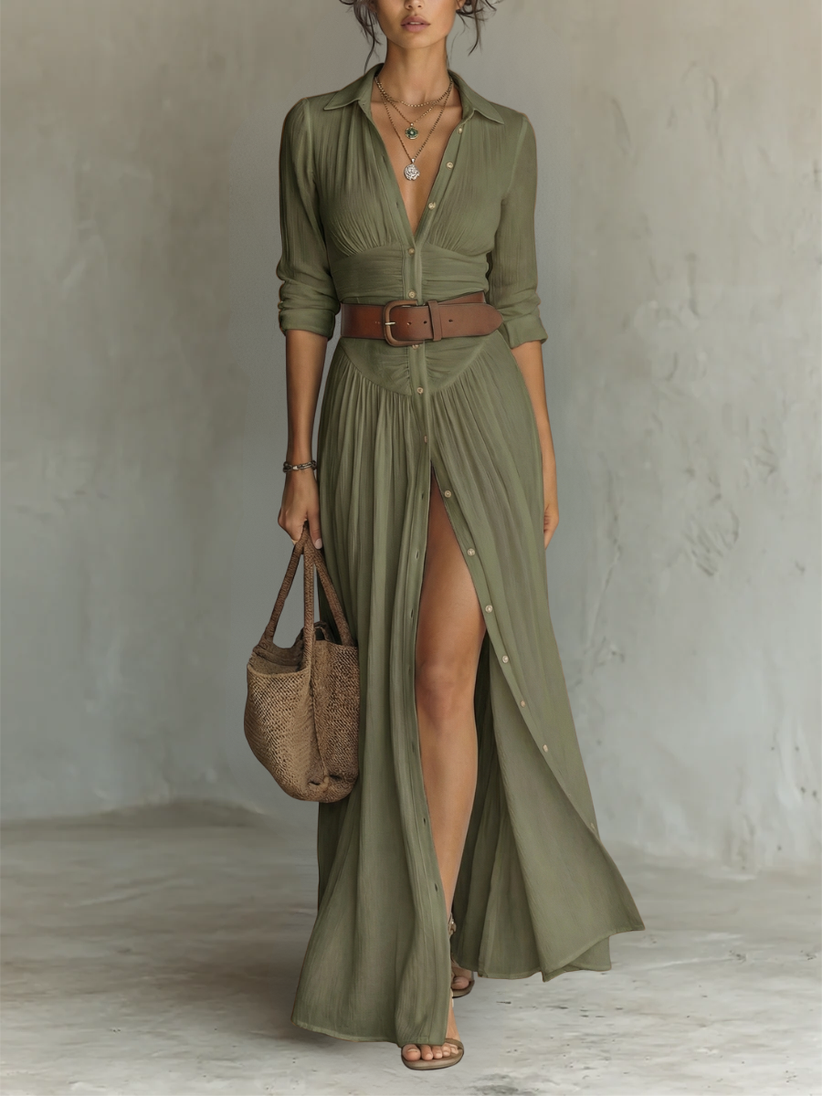 JESS | Abito maxi lungo leggero con collo a revers e maniche lunghe
