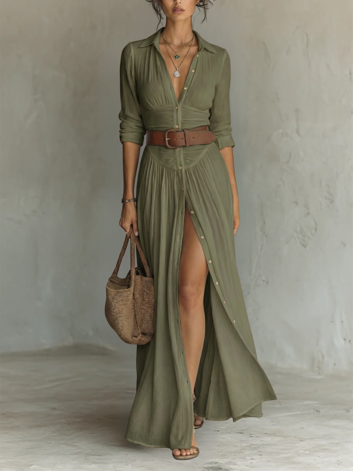JESS | Abito maxi lungo leggero con collo a revers e maniche lunghe