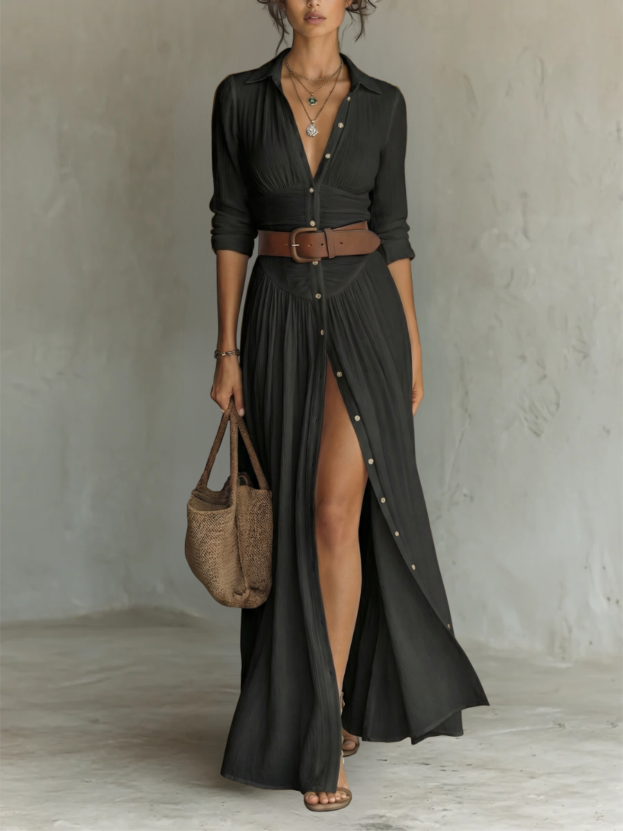 JESS | Abito maxi lungo leggero con collo a revers e maniche lunghe