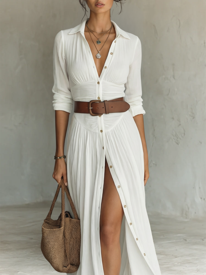 JESS | Abito maxi lungo leggero con collo a revers e maniche lunghe