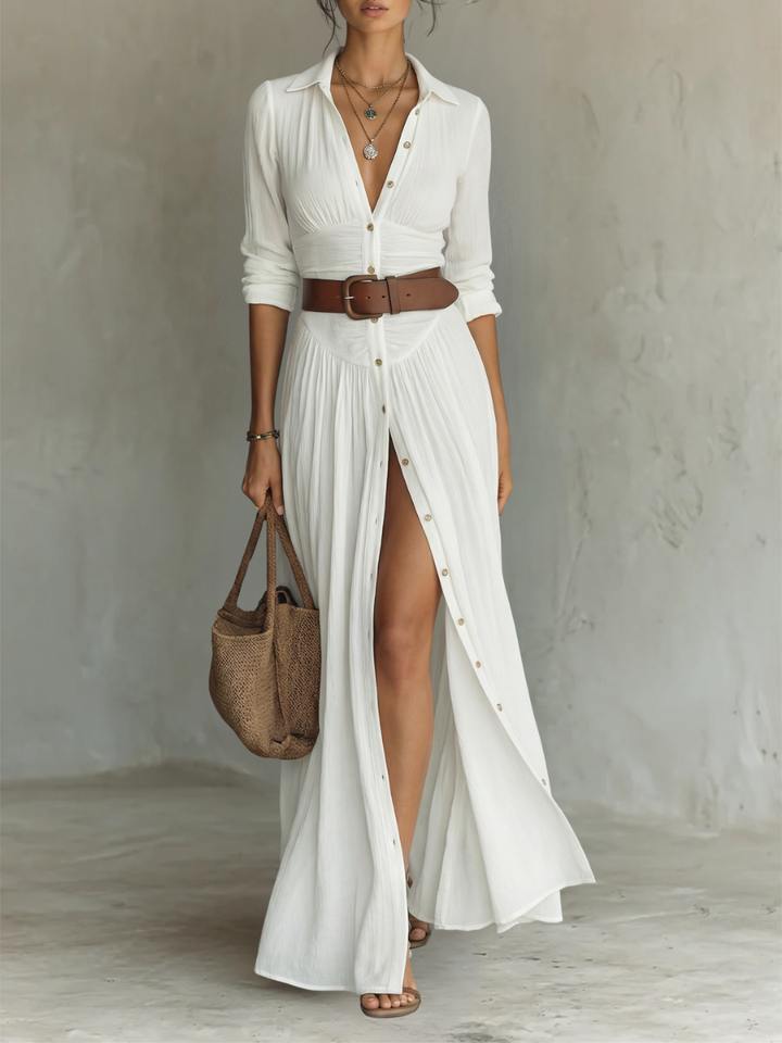 JESS | Abito maxi lungo leggero con collo a revers e maniche lunghe