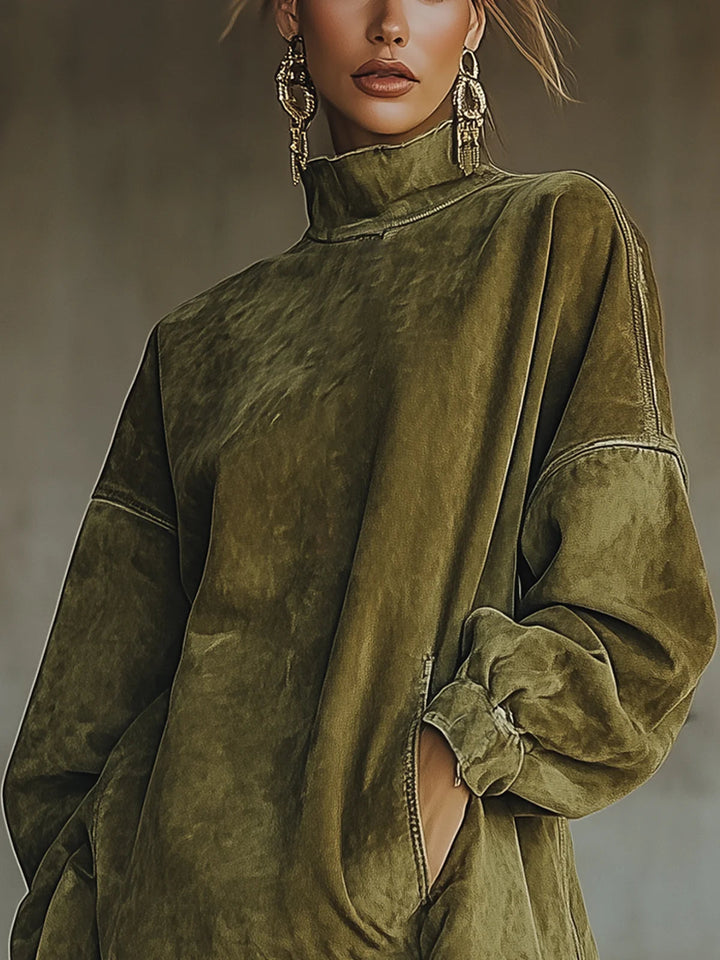 Mara | Vestito in camoscio con collo alto e frange
