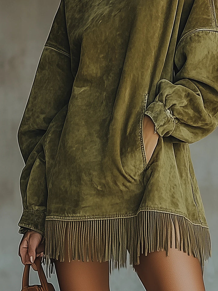 Mara | Vestito in camoscio con collo alto e frange