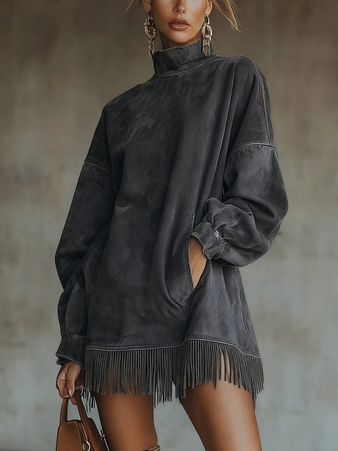 Mara | Vestito in camoscio con collo alto e frange