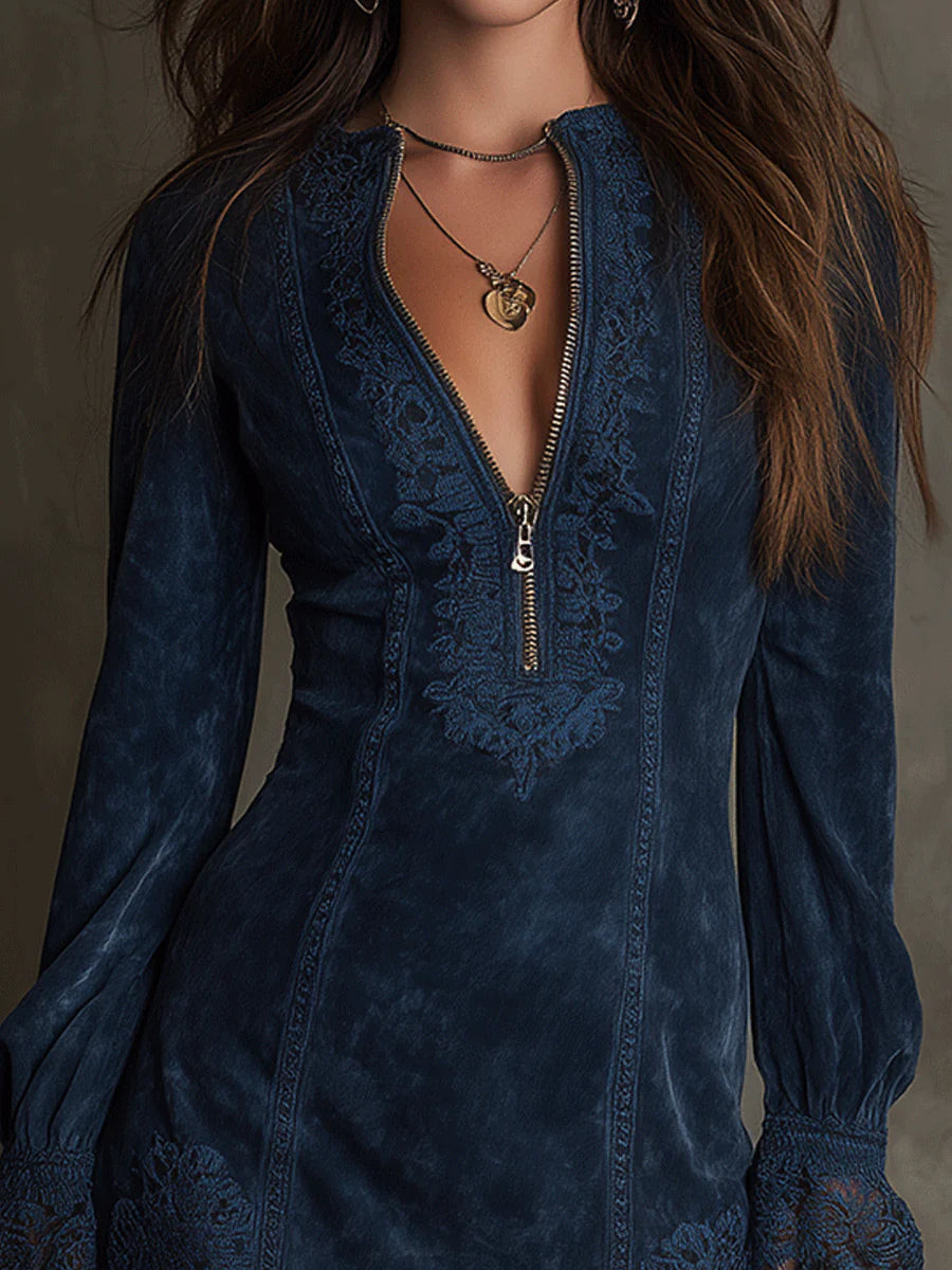 Ginevra | Abito Mini in Velluto Blu Vintage con Pizzo