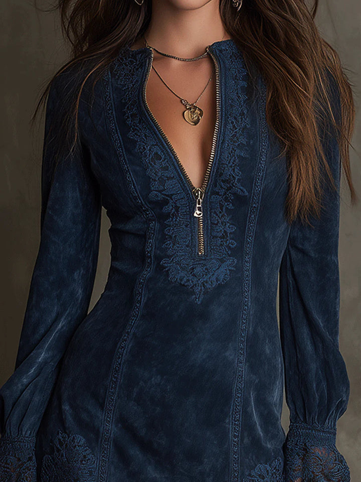 Ginevra | Abito Mini in Velluto Blu Vintage con Pizzo