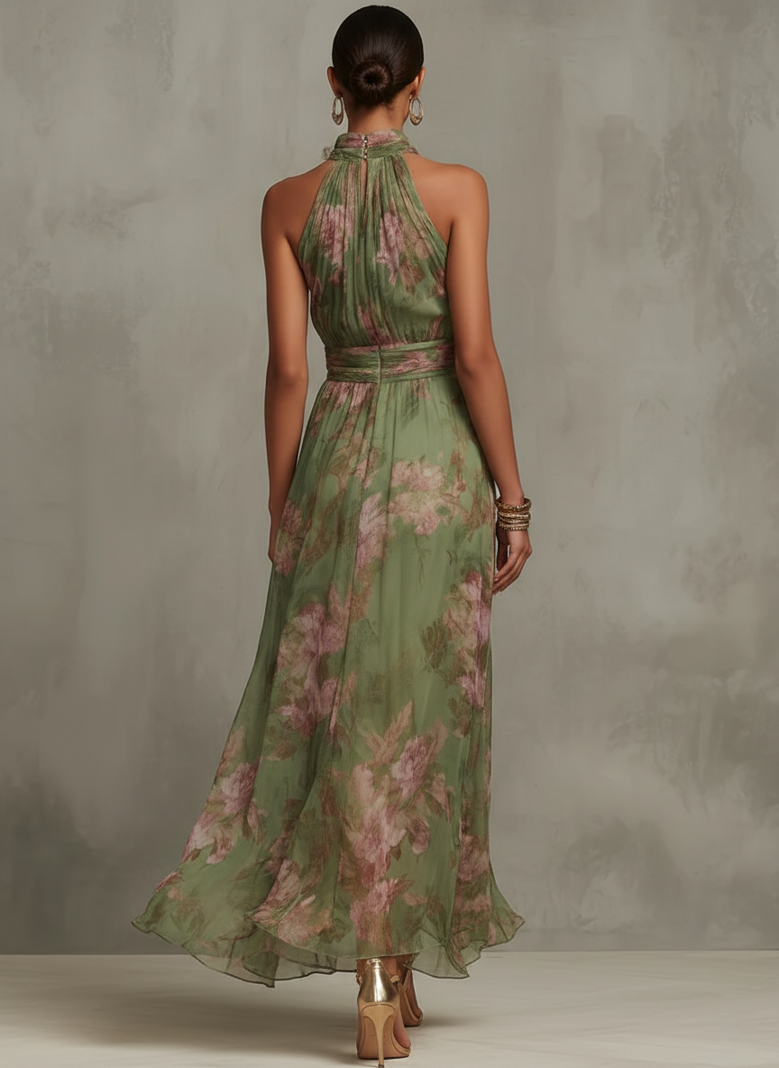 KAROL | Abito lungo verde floreale in chiffon con scollo a halter
