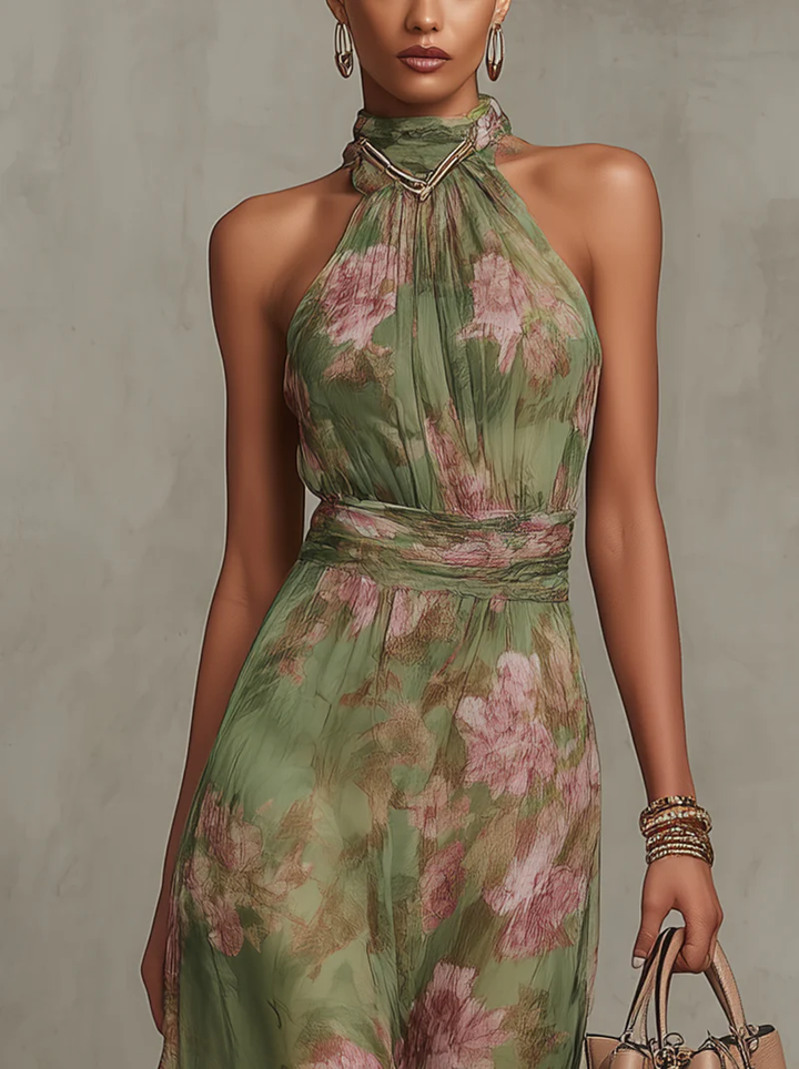 KAROL | Abito lungo verde floreale in chiffon con scollo a halter