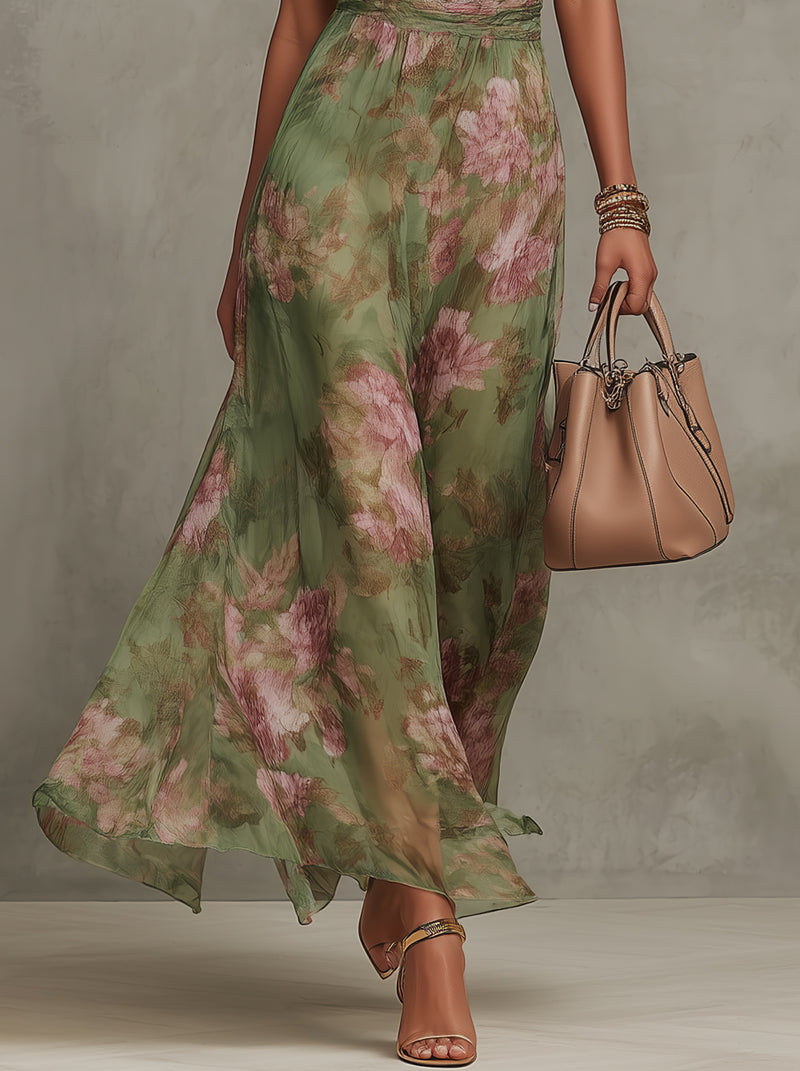 KAROL | Abito lungo verde floreale in chiffon con scollo a halter