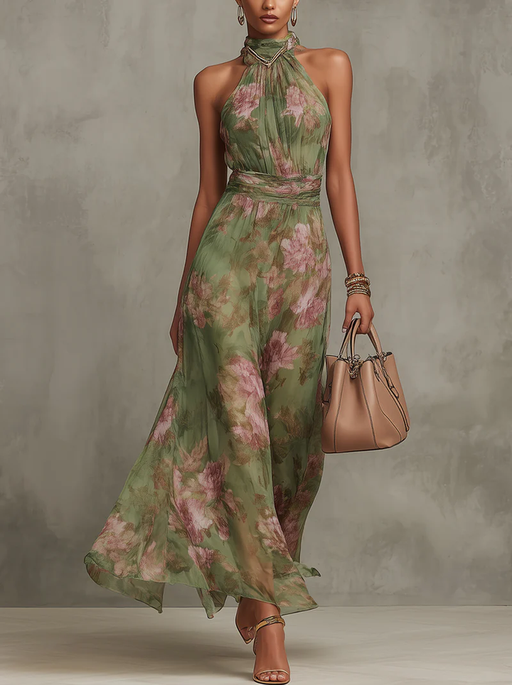 KAROL | Abito lungo verde floreale in chiffon con scollo a halter