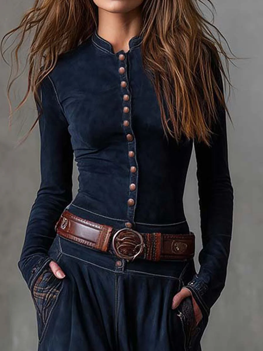 Martina | Vestito lungo vintage in camoscio a quadri blu navy