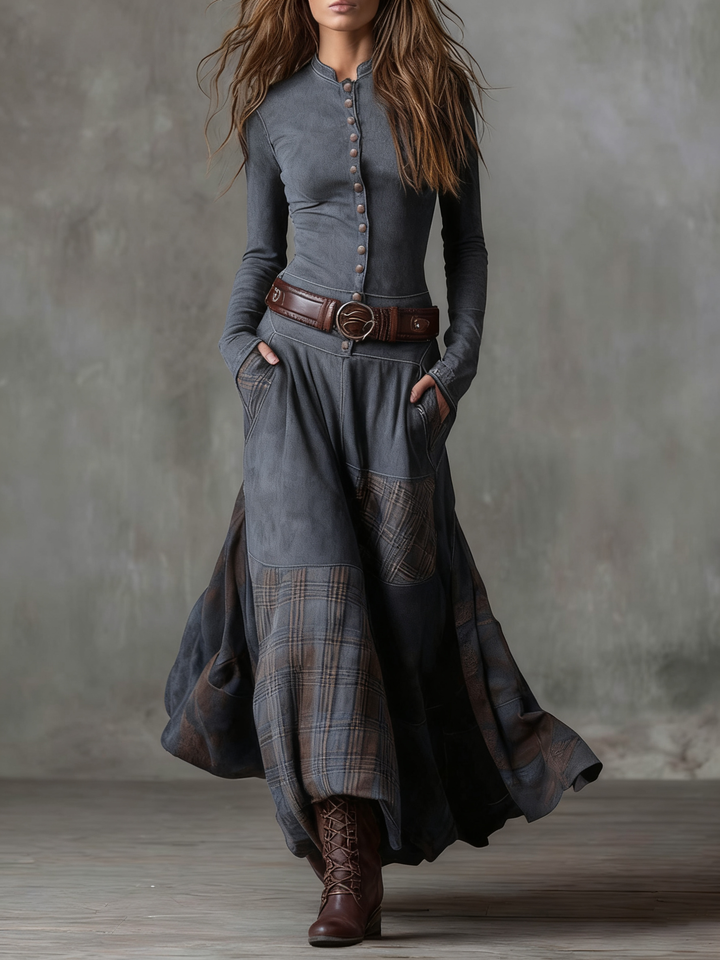 Martina | Vestito lungo vintage in camoscio a quadri blu navy