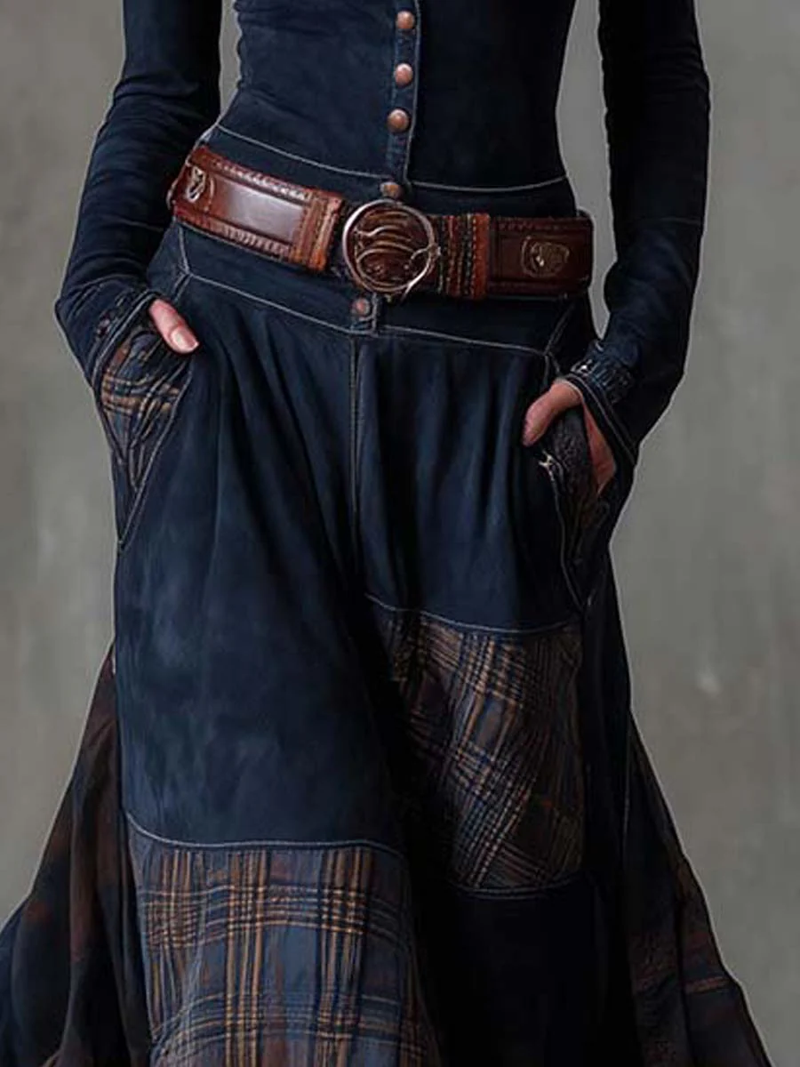 Martina | Vestito lungo vintage in camoscio a quadri blu navy
