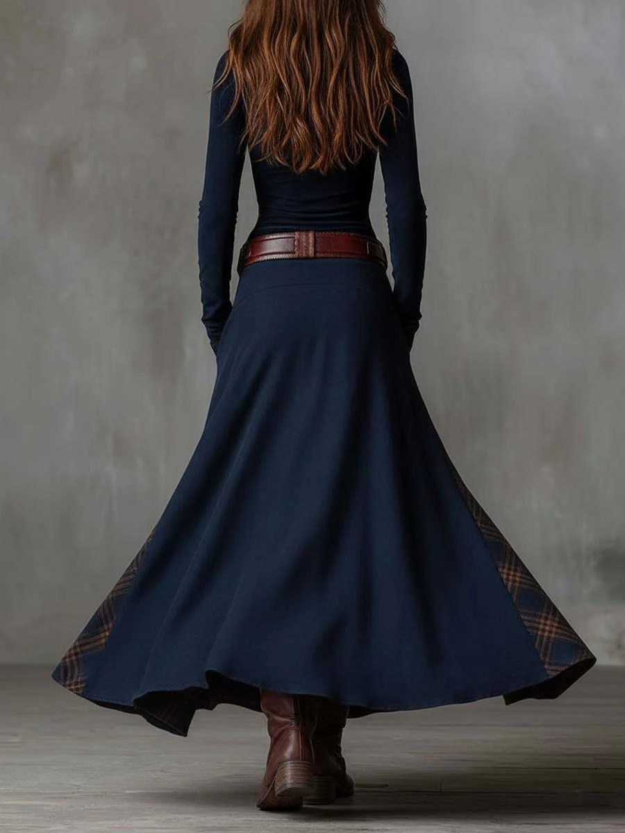 Martina | Vestito lungo vintage in camoscio a quadri blu navy