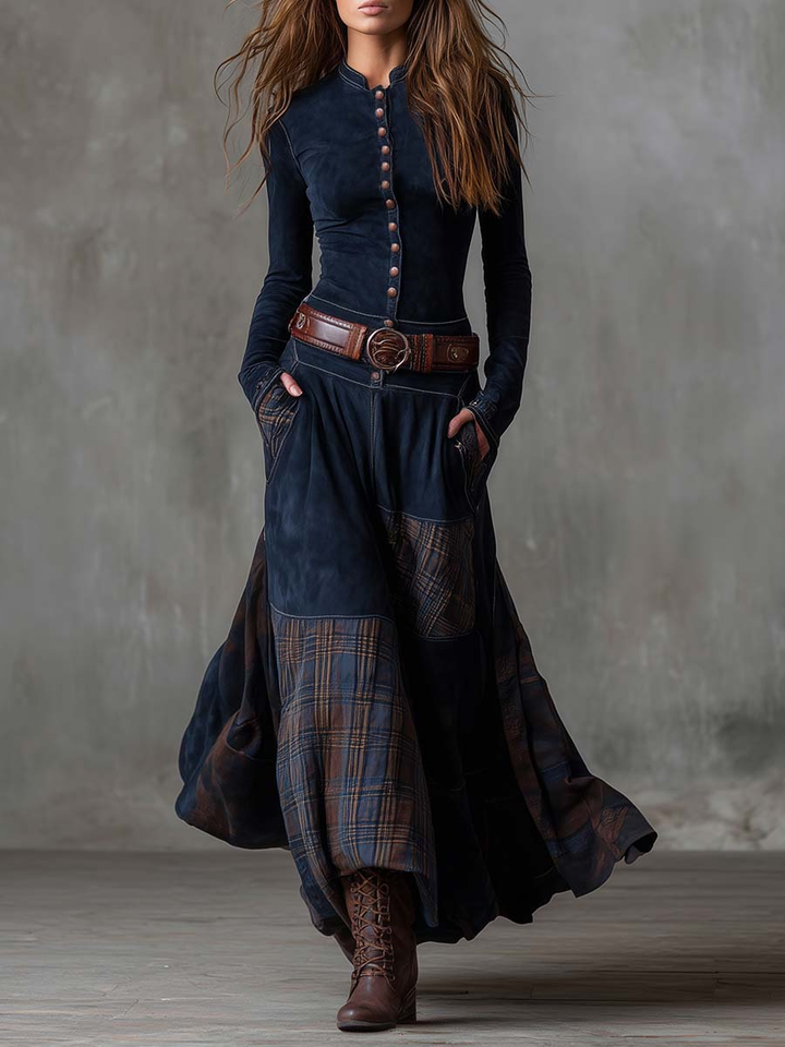 Martina | Vestito lungo vintage in camoscio a quadri blu navy