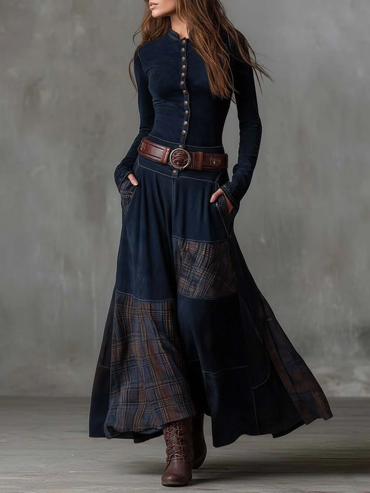Martina | Vestito lungo vintage in camoscio a quadri blu navy