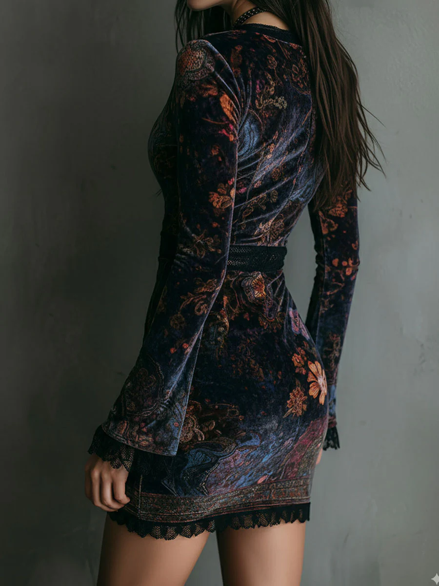 Serena | Abito Mini Slim-fit in Velluto con Pizzo e Stampa Floreale