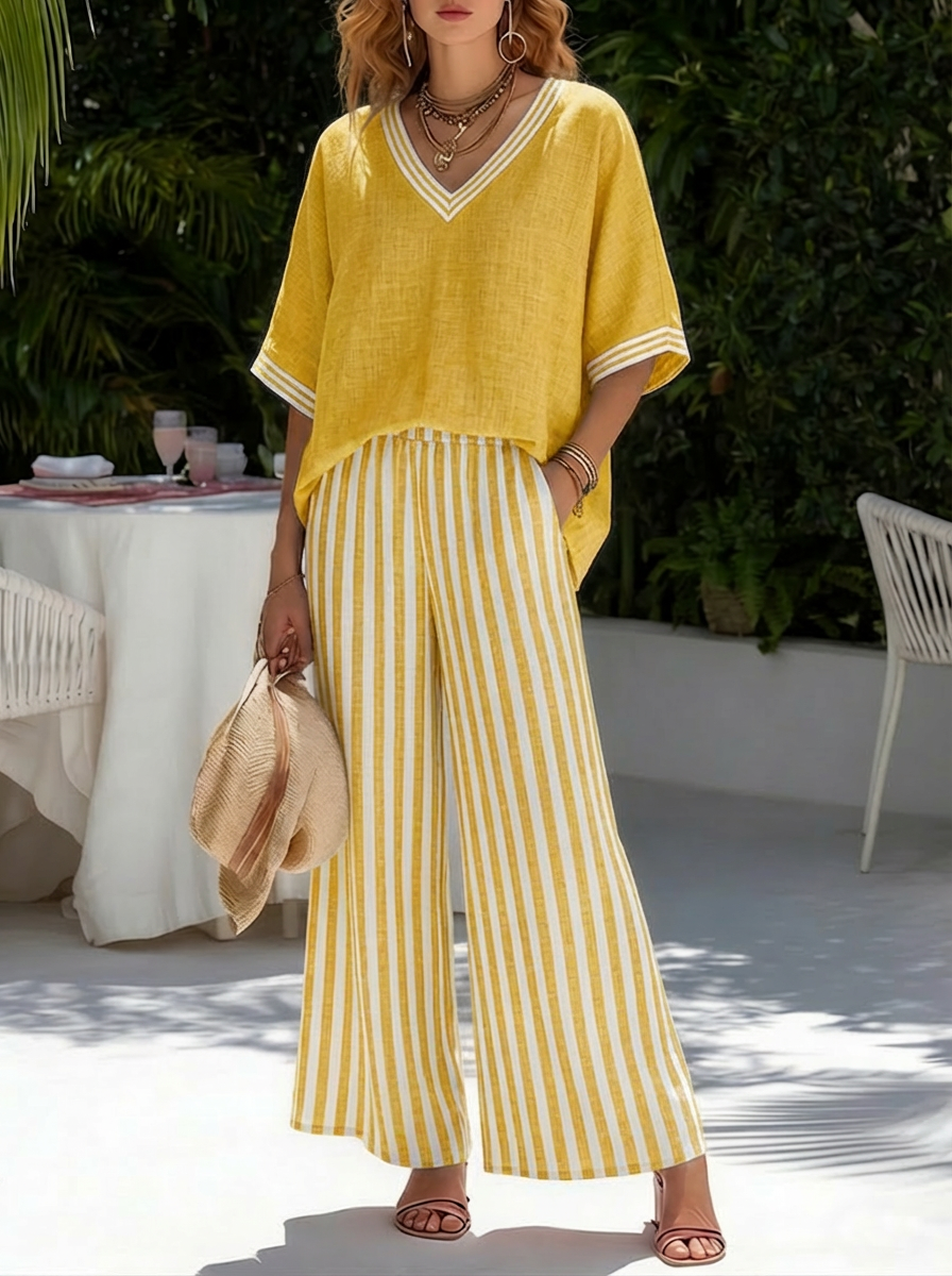 Mia | Completo due pezzi: top a righe con dettagli patchwork e pantaloni coordinati