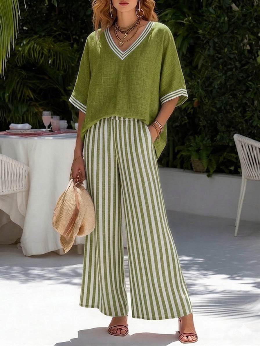 Mia | Completo due pezzi: top a righe con dettagli patchwork e pantaloni coordinati