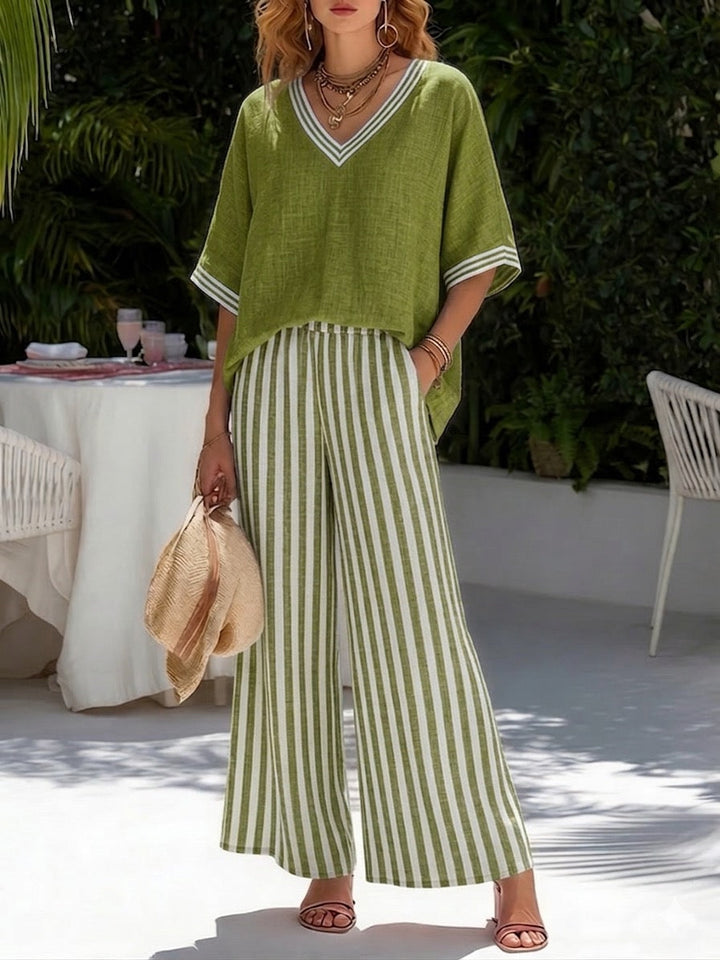 Mia | Completo due pezzi: top a righe con dettagli patchwork e pantaloni coordinati