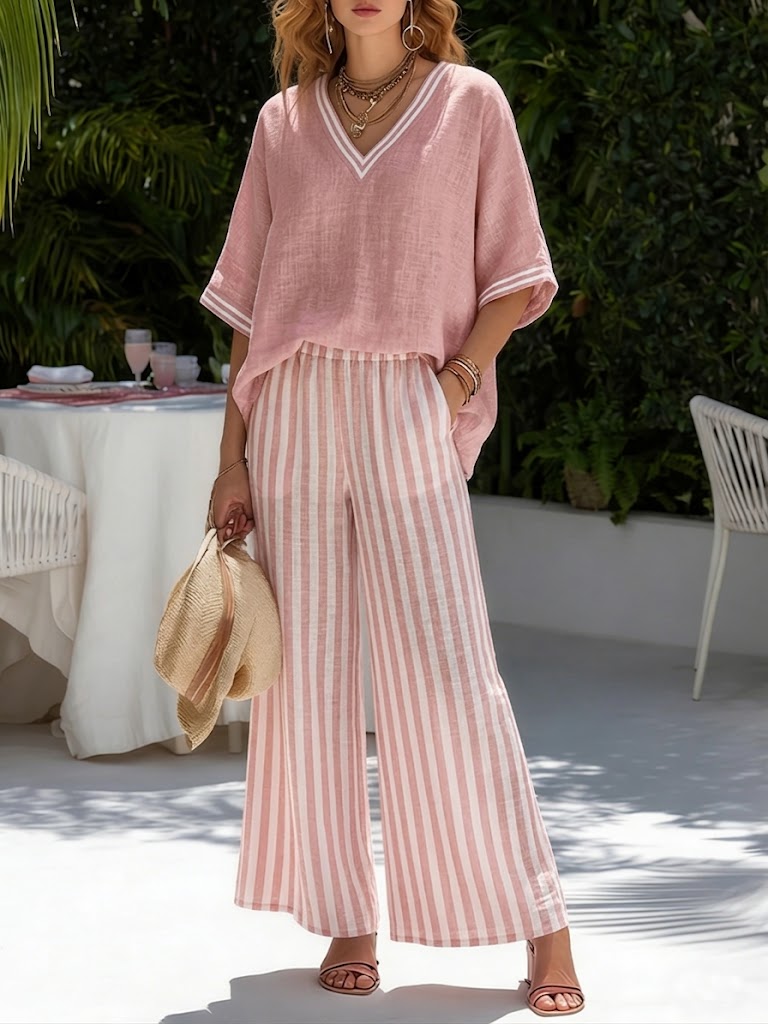 Mia | Completo due pezzi: top a righe con dettagli patchwork e pantaloni coordinati