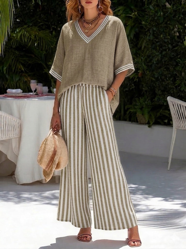 Mia | Completo due pezzi: top a righe con dettagli patchwork e pantaloni coordinati